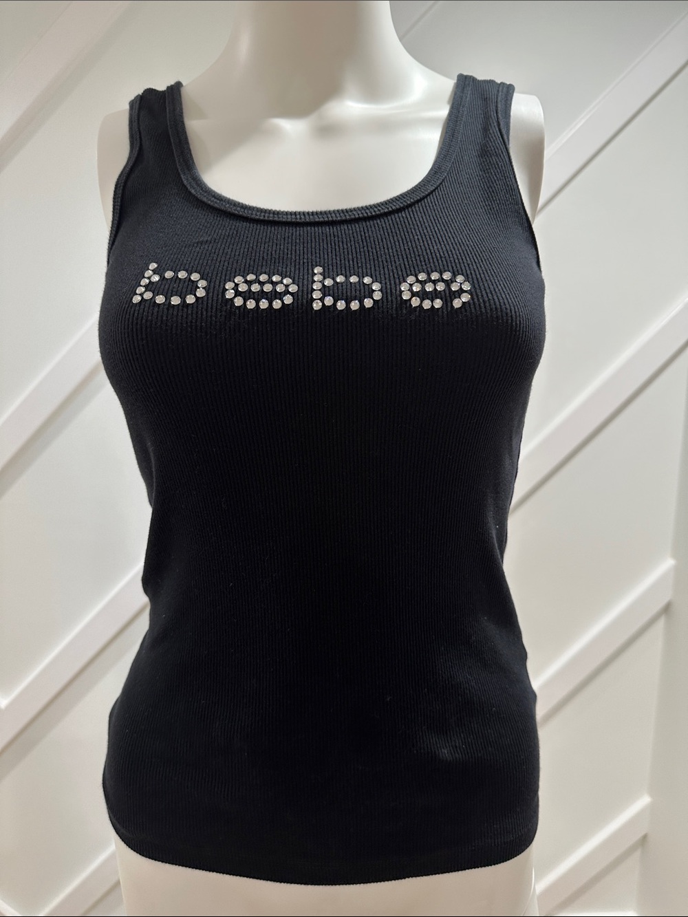 Bebe Black Studded Rhinestone Crystal Logo Rib Tank Top